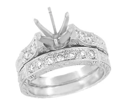 Art Deco Engraved Scrolls 150 Carat Round Diamond Engagement Ring Setting and Matching Wedding Ring in White Gold Antique Jewelry Mall Rings Art Deco Engraved Scrolls 150 Carat Round Diamond Engagement Ring Setting and Matching Wedding Ring in White Gold Antique Jewelry Mall Rings