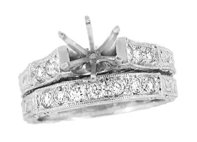 Art Deco Engraved Scrolls 150 Carat Round Diamond Engagement Ring Setting and Matching Wedding Ring in White Gold Antique Jewelry Mall Rings Art Deco Engraved Scrolls 150 Carat Round Diamond Engagement Ring Setting and Matching Wedding Ring in White Gold Antique Jewelry Mall Rings