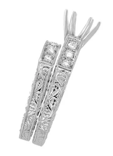 Art Deco Engraved Scrolls 150 Carat Round Diamond Engagement Ring Setting and Matching Wedding Ring in White Gold Antique Jewelry Mall Rings Art Deco Engraved Scrolls 150 Carat Round Diamond Engagement Ring Setting and Matching Wedding Ring in White Gold Antique Jewelry Mall Rings