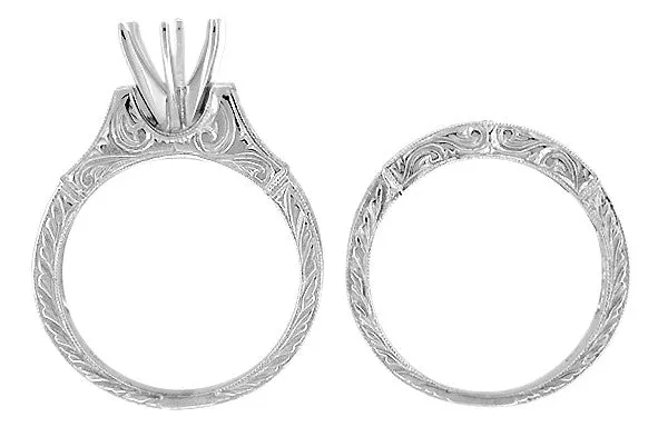 Art Deco Engraved Scrolls 150 Carat Round Diamond Engagement Ring Setting and Matching Wedding Ring in White Gold Antique Jewelry Mall Rings Art Deco Engraved Scrolls 150 Carat Round Diamond Engagement Ring Setting and Matching Wedding Ring in White Gold Antique Jewelry Mall Rings