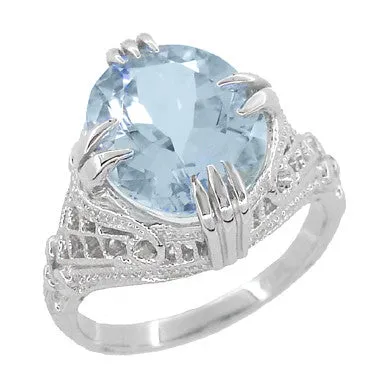 Art Deco Filigree Oval Aquamarine Ring in 14 Karat White Gold 35 Carats Antique Jewelry Mall Rings Art Deco Filigree Oval Aquamarine Ring in 14 Karat White Gold 35 Carats Antique Jewelry Mall Rings