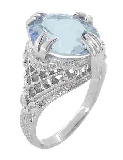Art Deco Filigree Oval Aquamarine Ring in 14 Karat White Gold 35 Carats Antique Jewelry Mall Rings Art Deco Filigree Oval Aquamarine Ring in 14 Karat White Gold 35 Carats Antique Jewelry Mall Rings