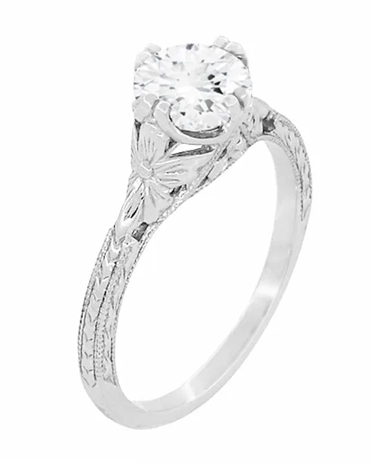 Art Deco Flowers 12 Carat Filigree Antique Engagement Ring Setting Design for a 5mm Round Stone in 14K or 18K White Gold Antique Jewelry Mall Rings