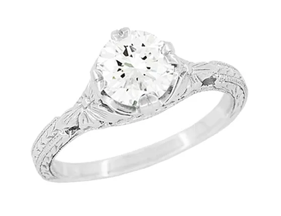 Art Deco Flowers 12 Carat Filigree Antique Engagement Ring Setting Design for a 5mm Round Stone in 14K or 18K White Gold Antique Jewelry Mall Rings Art Deco Flowers 12 Carat Filigree Antique Engagement Ring Setting Design for a 5mm Round Stone in 14K or 18K White Gold Antique Jewelry Mall Rings