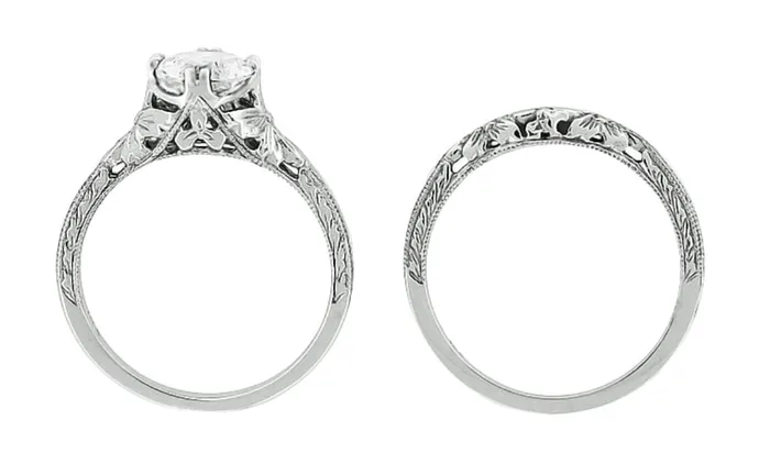 Art Deco Flowers 12 Carat Filigree Antique Engagement Ring Setting Design for a 5mm Round Stone in 14K or 18K White Gold Antique Jewelry Mall Rings Art Deco Flowers 12 Carat Filigree Antique Engagement Ring Setting Design for a 5mm Round Stone in 14K or 18K White Gold Antique Jewelry Mall Rings