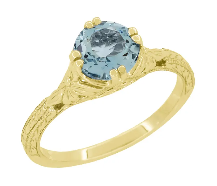 Art Deco Yellow Gold Filigree Flowers Wheat Engraved Aquamarine Solitaire Engagement Ring Antique Jewelry Mall Rings Art Deco Yellow Gold Filigree Flowers Wheat Engraved Aquamarine Solitaire Engagement Ring Antique Jewelry Mall Rings