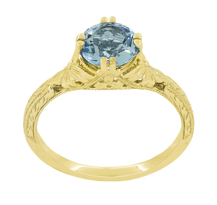 Art Deco Yellow Gold Filigree Flowers Wheat Engraved Aquamarine Solitaire Engagement Ring Antique Jewelry Mall Rings Art Deco Yellow Gold Filigree Flowers Wheat Engraved Aquamarine Solitaire Engagement Ring Antique Jewelry Mall Rings