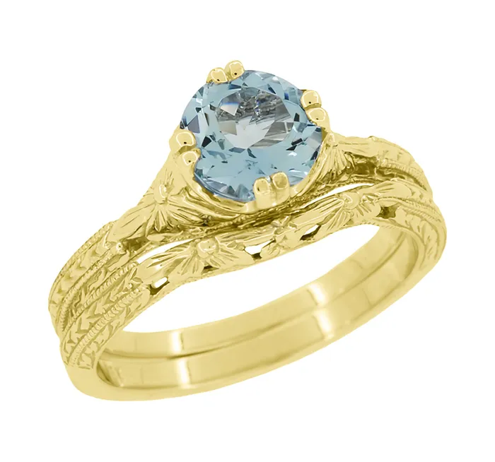Art Deco Yellow Gold Filigree Flowers Wheat Engraved Aquamarine Solitaire Engagement Ring Antique Jewelry Mall Rings Art Deco Yellow Gold Filigree Flowers Wheat Engraved Aquamarine Solitaire Engagement Ring Antique Jewelry Mall Rings