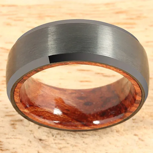 Black Tungsten Koa Wood Double Ring Brush Finished Beveled Edge 8mm Nakoa Rings