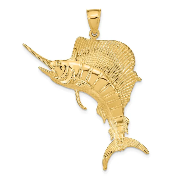 Charm Necklaces Qgold 14k Yellow Gold 32 mm 3D Polished Textured Sailfish Charm 1427 grams Charm Necklaces Qgold 14k Yellow Gold 32 mm 3D Polished Textured Sailfish Charm 1427 grams