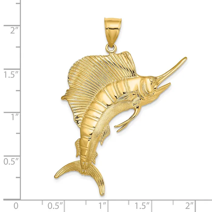 Charm Necklaces Qgold 14k Yellow Gold 32 mm 3D Polished Textured Sailfish Charm 1427 grams Charm Necklaces Qgold 14k Yellow Gold 32 mm 3D Polished Textured Sailfish Charm 1427 grams