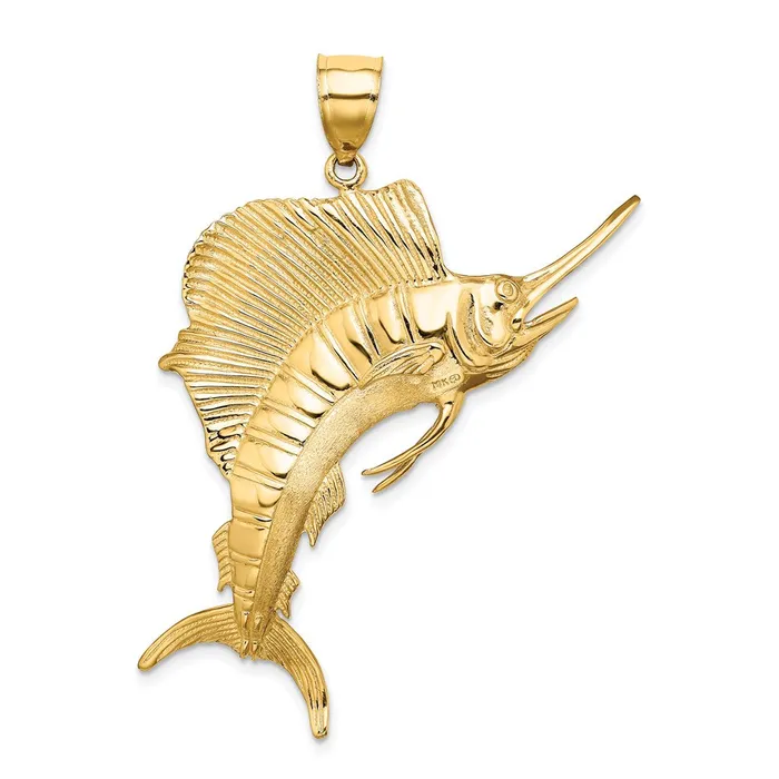 Charm Necklaces Qgold 14k Yellow Gold 32 mm 3D Polished Textured Sailfish Charm 1427 grams Charm Necklaces Qgold 14k Yellow Gold 32 mm 3D Polished Textured Sailfish Charm 1427 grams