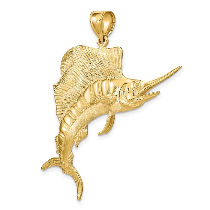 Charm Necklaces Qgold 14k Yellow Gold 32 mm 3D Polished Textured Sailfish Charm 1427 grams Charm Necklaces Qgold 14k Yellow Gold 32 mm 3D Polished Textured Sailfish Charm 1427 grams