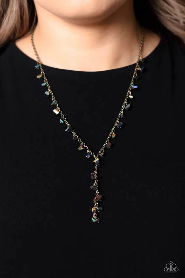 Chiseled Catwalk Brass Chain Oil Spill Stone Y Short Necklace Paparazzi Paparazzi Accessories Necklaces