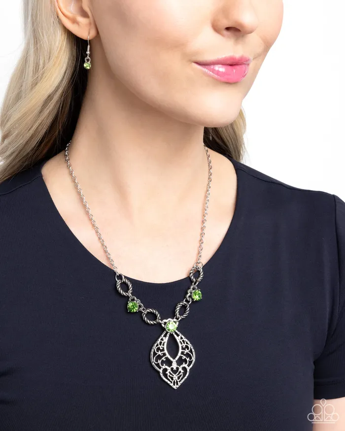 Contemporary Connections Green Gem Silver Filigree Short Necklace Paparazzi Paparazzi Accessories Necklaces