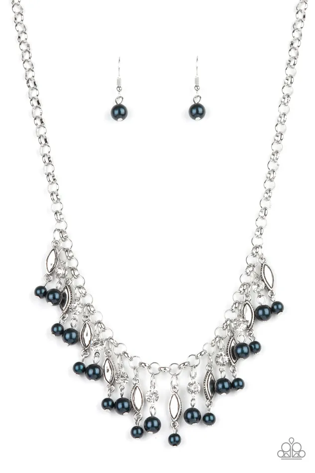 Cosmopolitan Couture Blue Pearl Bead Fringe Silver Necklace Paparazzi Paparazzi Accessories Necklaces
