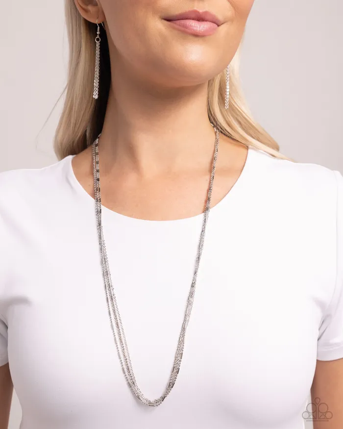 Dainty Dare Silver Bar and Ball Layered Long Necklace Paparazzi Paparazzi Accessories Necklaces