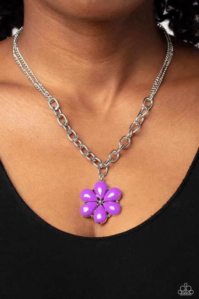 Dazzling Dahlia Purple Bead Flower Silver Necklace Paparazzi Paparazzi Accessories Necklaces