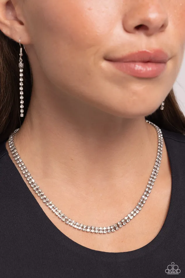 Dazzling Declaration White Rhinestone Silver Short Necklace Paparazzi Paparazzi Accessories Necklaces