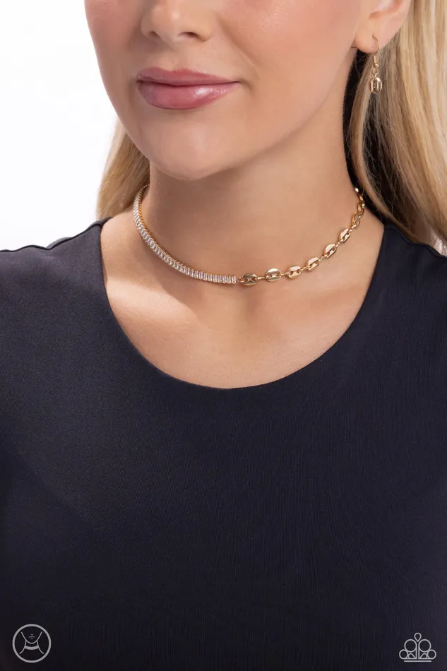 Dream Duo Gold Link White Rhinestone Choker Necklace Paparazzi Paparazzi Accessories Necklaces