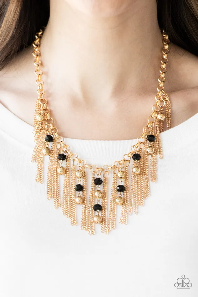 Ever Rebellious Gold and Black Bead Fringe Necklace Paparazzi Paparazzi Accessories Necklaces