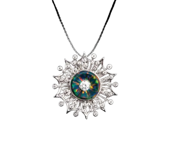 Galatea Necklaces Galatea 14K White Gold w Black Opal And Diamond Starburst Pendant Galatea Necklaces Galatea 14K White Gold w Black Opal And Diamond Starburst Pendant