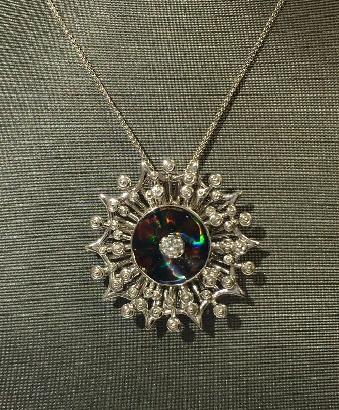 Galatea Necklaces Galatea 14K White Gold w Black Opal And Diamond Starburst Pendant
