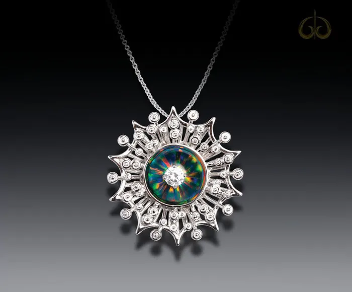 Galatea Necklaces Galatea 14K White Gold w Black Opal And Diamond Starburst Pendant
