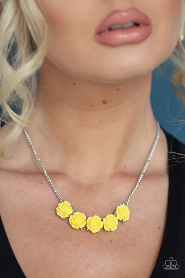 Garden Party Posh Yellow Resin Rose Silver Necklace Paparazzi Paparazzi Accessories Necklaces
