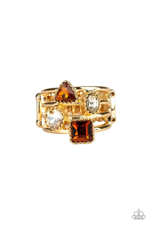 Geo Jazz Brown and White Rhinestone Gold Ring Paparazzi Accessories Rings