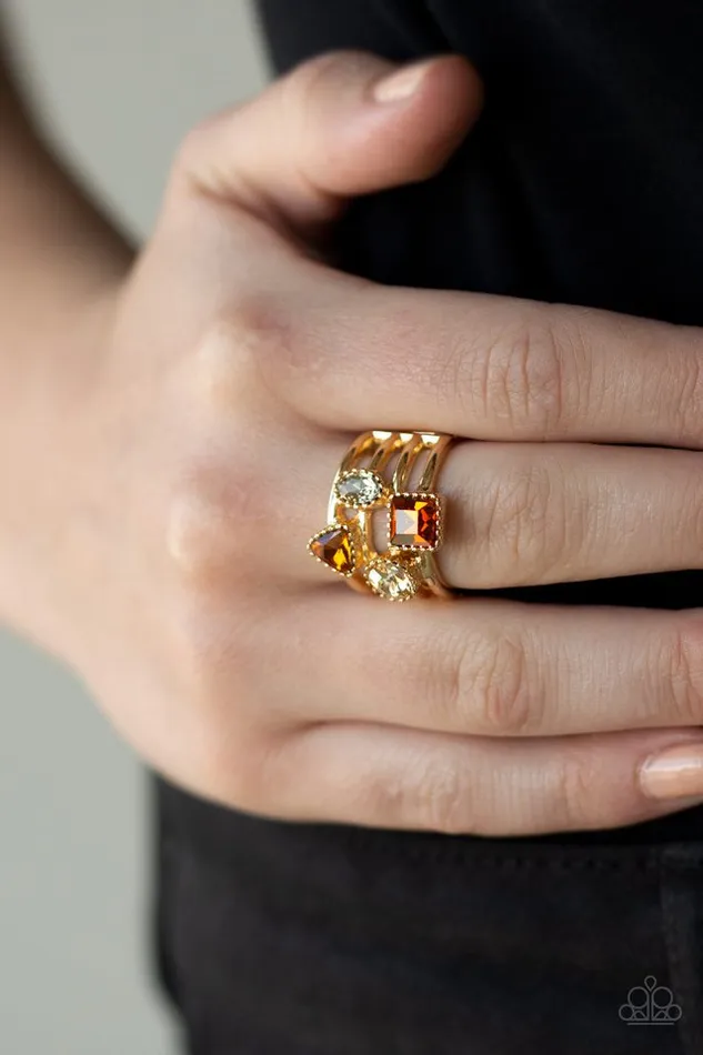 Geo Jazz Brown and White Rhinestone Gold Ring Paparazzi Accessories Rings