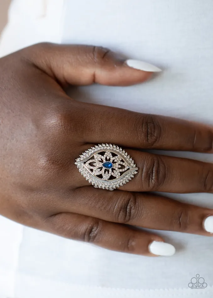 Glammed Up Gardens Blue Rhinestone Silver Filigree Ring Paparazzi Paparazzi Accessories Rings