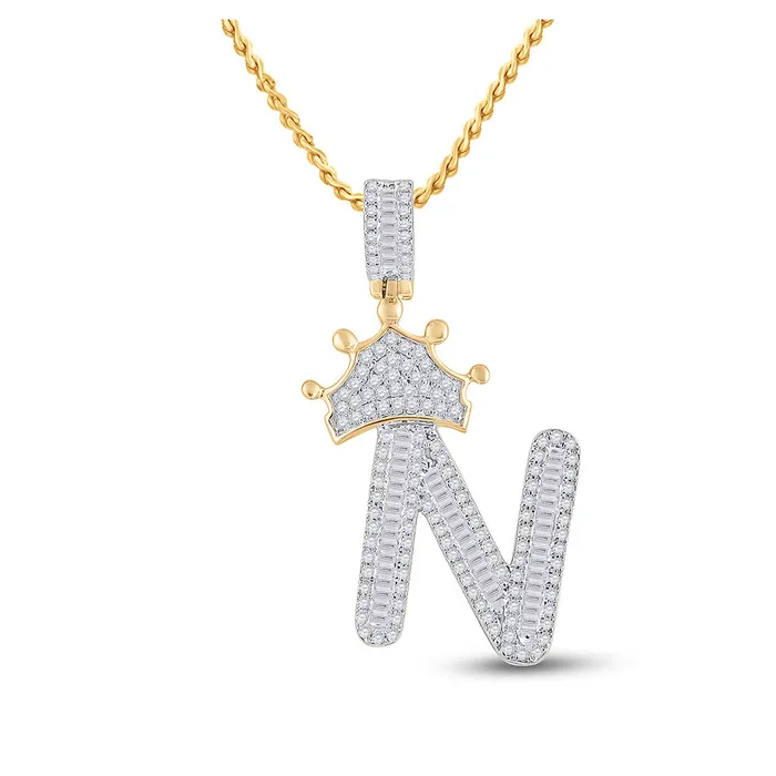 GND Gold Crown N Letter Charm Pendant 34 Cttw Baguette Natural Diamond Mens 228 grams Charm Necklaces