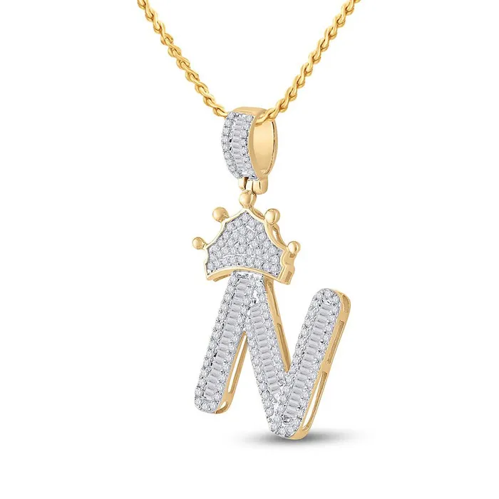 GND Gold Crown N Letter Charm Pendant 34 Cttw Baguette Natural Diamond Mens 228 grams Charm Necklaces