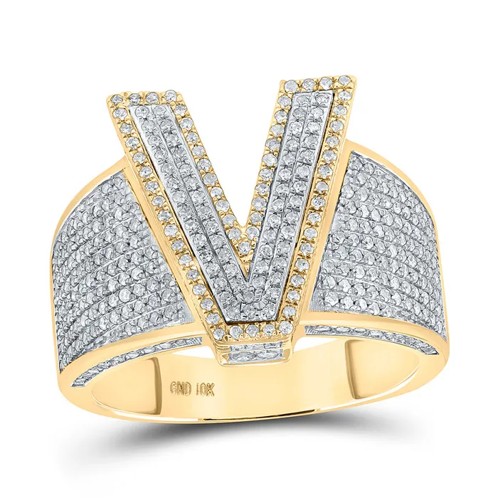 GND Gold V Initial Letter Ring 1 Cttw Round Natural Diamond Mens 866 grams Rings GND Gold V Initial Letter Ring 1 Cttw Round Natural Diamond Mens 866 grams Rings