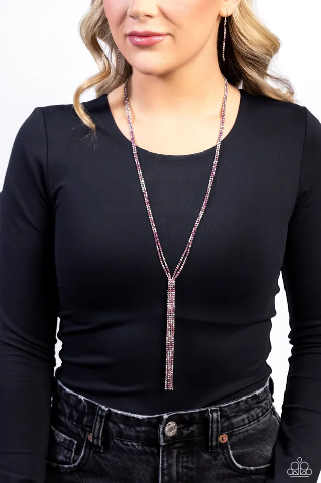 Jazz STRANDS Pink Rhinestone Tassel Silver Long Necklace Paparazzi Paparazzi Accessories Necklaces