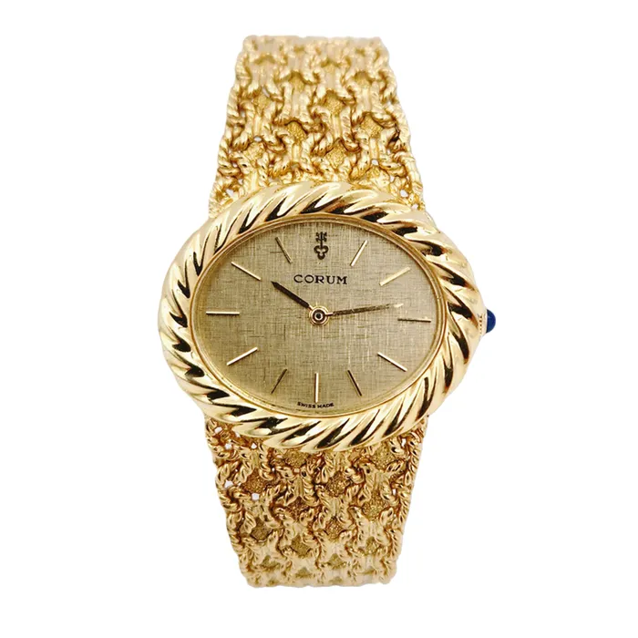 Ladies Corum 26mm x 30mm Oval Vintage 18K Yellow Gold Watch with Gold Dial and Weave Bezel PreOwned Corum PreStyled Sets Ladies Corum 26mm x 30mm Oval Vintage 18K Yellow Gold Watch with Gold Dial and Weave Bezel PreOwned Corum PreStyled Sets