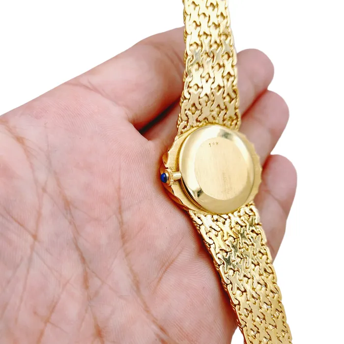 Ladies Corum 26mm x 30mm Oval Vintage 18K Yellow Gold Watch with Gold Dial and Weave Bezel PreOwned Corum PreStyled Sets