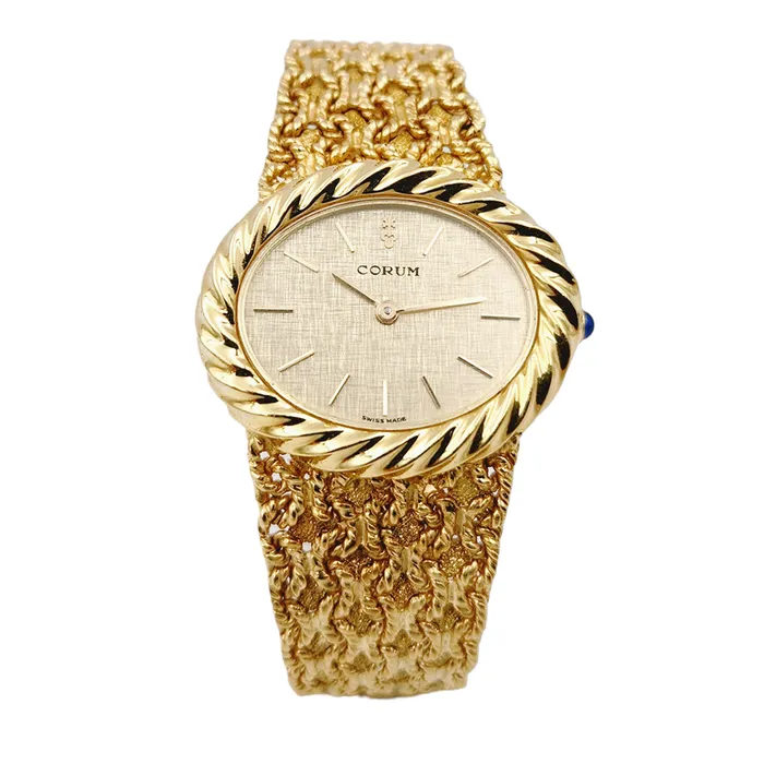 Ladies Corum 26mm x 30mm Oval Vintage 18K Yellow Gold Watch with Gold Dial and Weave Bezel PreOwned Corum PreStyled Sets