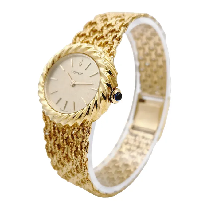 Ladies Corum 26mm x 30mm Oval Vintage 18K Yellow Gold Watch with Gold Dial and Weave Bezel PreOwned Corum PreStyled Sets