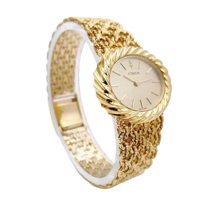 Ladies Corum 26mm x 30mm Oval Vintage 18K Yellow Gold Watch with Gold Dial and Weave Bezel PreOwned Corum PreStyled Sets