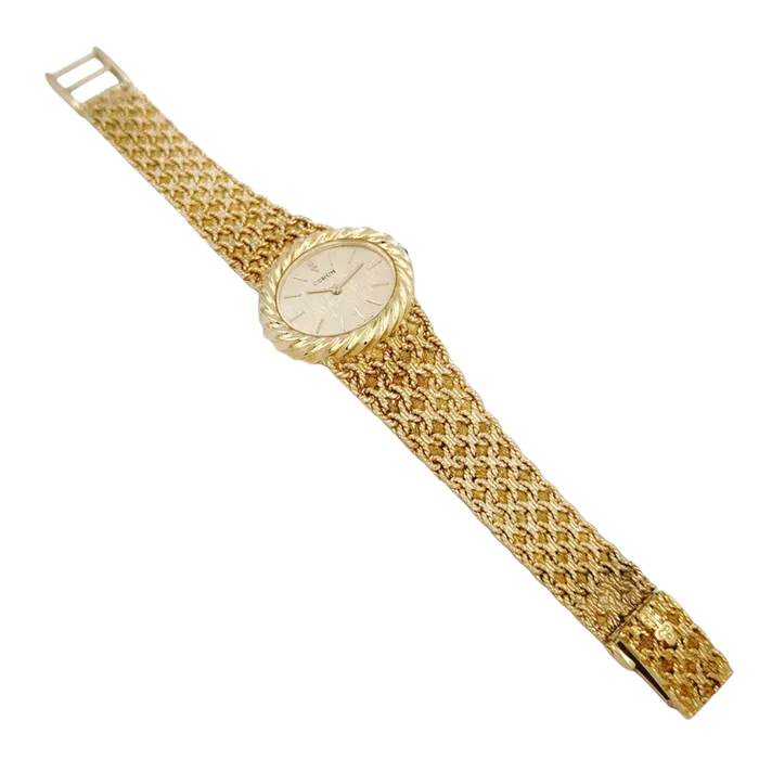 Ladies Corum 26mm x 30mm Oval Vintage 18K Yellow Gold Watch with Gold Dial and Weave Bezel PreOwned Corum PreStyled Sets