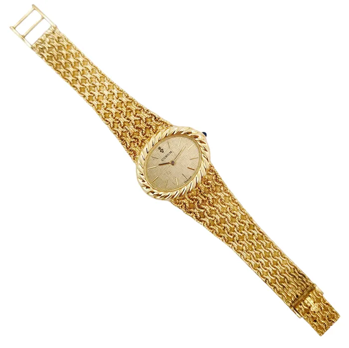 Ladies Corum 26mm x 30mm Oval Vintage 18K Yellow Gold Watch with Gold Dial and Weave Bezel PreOwned Corum PreStyled Sets