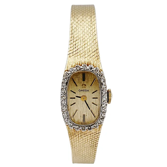 Ladies Omega 20mm Petite Vintage 14K Yellow Gold Automatic Watch with Gold Dial and Diamond Bezel PreOwned Omega PreStyled Sets Ladies Omega 20mm Petite Vintage 14K Yellow Gold Automatic Watch with Gold Dial and Diamond Bezel PreOwned Omega PreStyled Sets