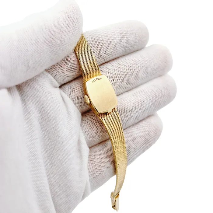 Ladies Omega 20mm Petite Vintage 14K Yellow Gold Automatic Watch with Gold Dial and Diamond Bezel PreOwned Omega PreStyled Sets