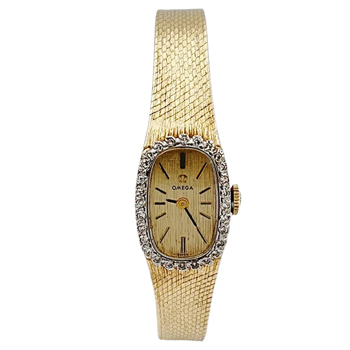 Ladies Omega 20mm Petite Vintage 14K Yellow Gold Automatic Watch with Gold Dial and Diamond Bezel PreOwned Omega PreStyled Sets