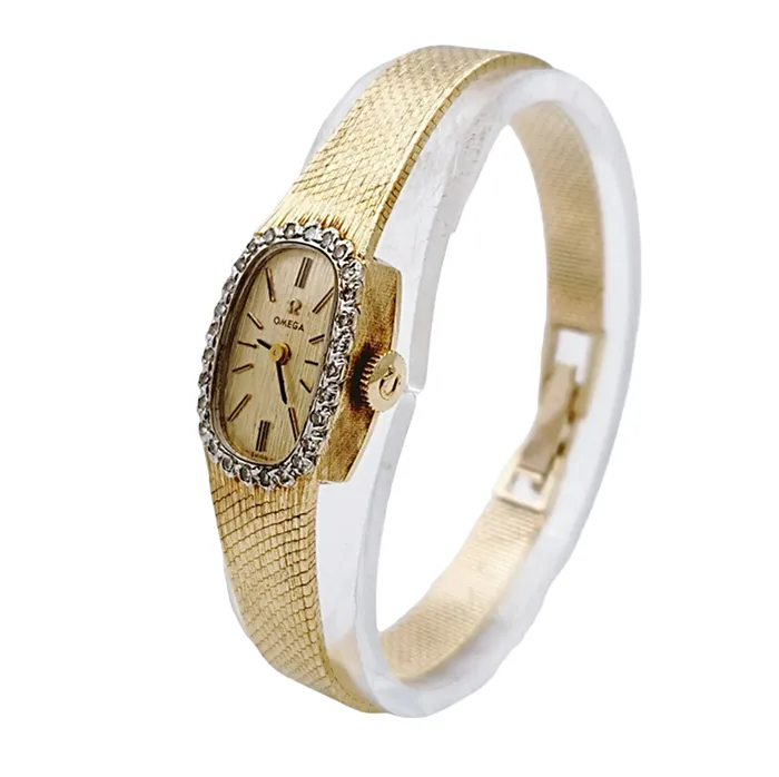 Ladies Omega 20mm Petite Vintage 14K Yellow Gold Automatic Watch with Gold Dial and Diamond Bezel PreOwned Omega PreStyled Sets