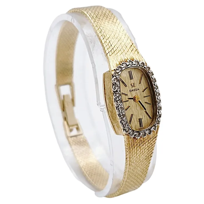 Ladies Omega 20mm Petite Vintage 14K Yellow Gold Automatic Watch with Gold Dial and Diamond Bezel PreOwned Omega PreStyled Sets