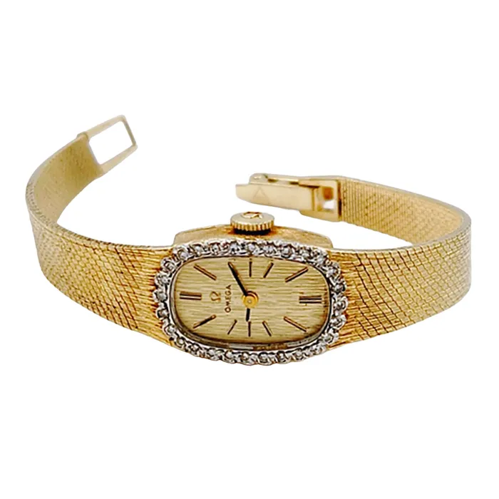 Ladies Omega 20mm Petite Vintage 14K Yellow Gold Automatic Watch with Gold Dial and Diamond Bezel PreOwned Omega PreStyled Sets