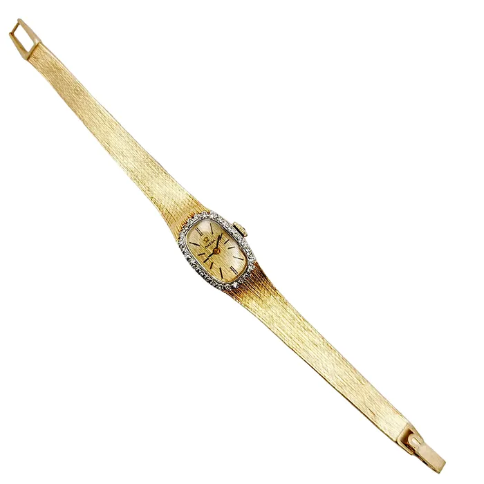 Ladies Omega 20mm Petite Vintage 14K Yellow Gold Automatic Watch with Gold Dial and Diamond Bezel PreOwned Omega PreStyled Sets